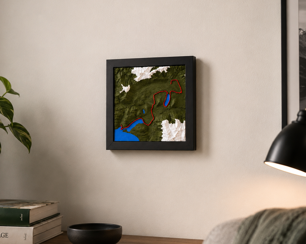Queenstown Marathon 3D terrain wall art mounted on a wall